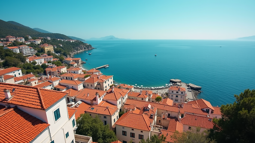 High angle view of a coastal town with red roofs and blue ocean in the background