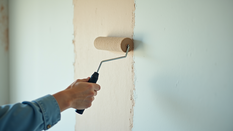 High angle view of a wall being painted with a roller