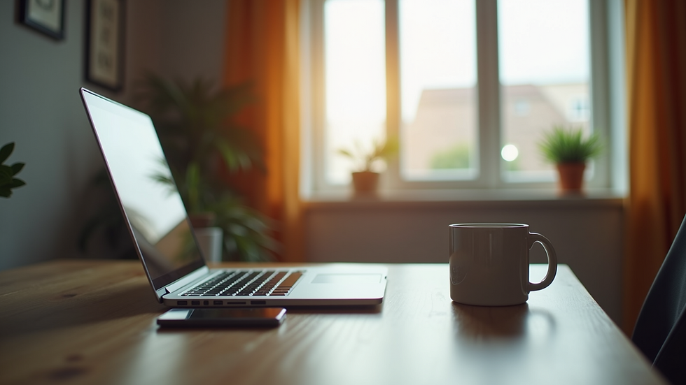 Eye-level view of a neat home office setup with a laptop and coffee cup
