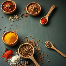 using the color hex #403f2b create a background with wooden bowls filled with spices and w