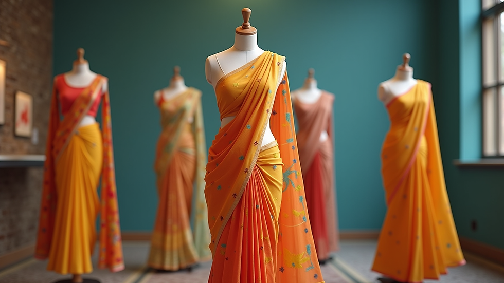 Eye-level view of a mannequin dressed in a vibrant modern saree