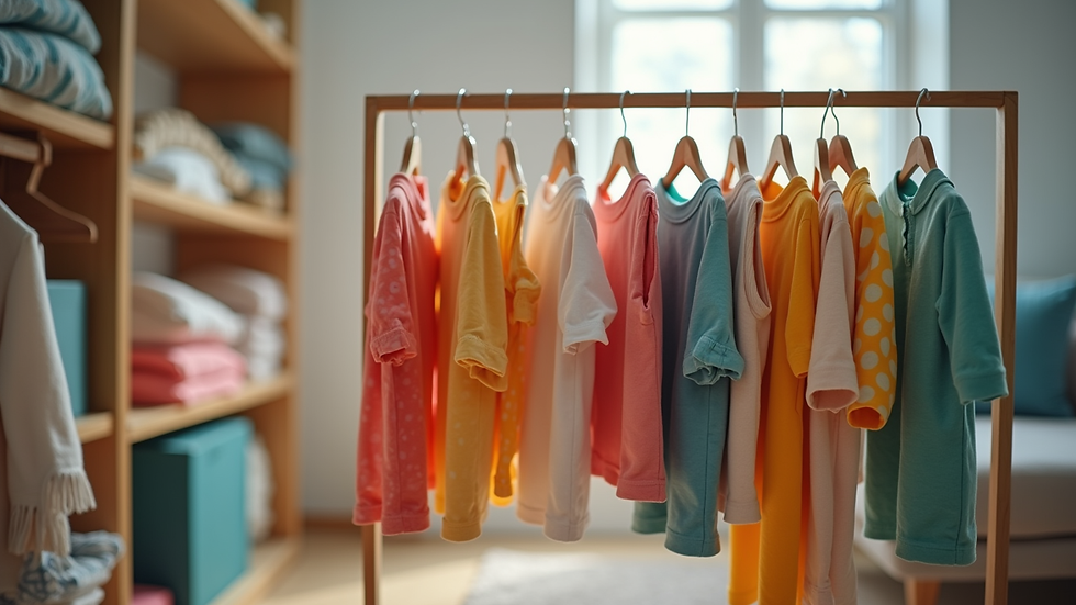 Eye-level view of colorful handmade kids clothes hanging on a rack