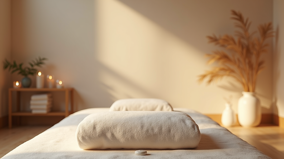 Eye-level view of a serene Reiki healing space with soft lighting and calming decor