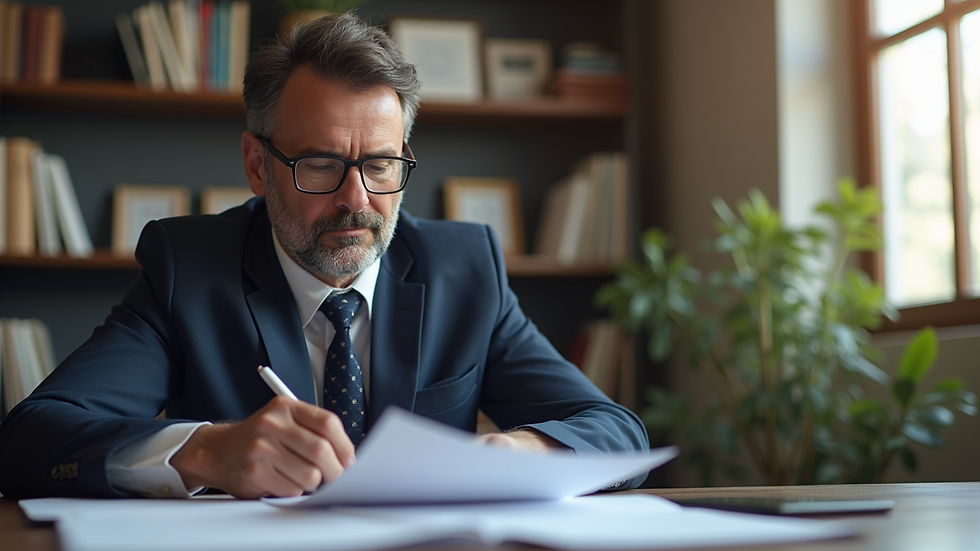 Plano medio de un abogado revisando documentos legales en una oficina