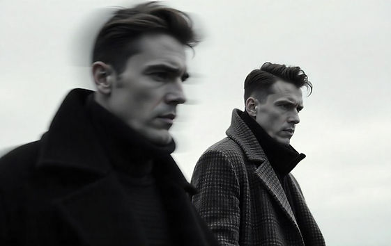 Two sophisticated men in tailored winter coats, standing in a minimal outdoor setting, embodying timeless and refined fashion