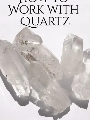 Clear quartz crystals on a white background with text "How to Work with Quartz" and "krista-mitchell.com" in black.