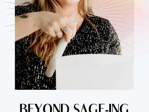 Woman with closed eyes performs energy clearing with a crystal bowl in a sparkly dress. Text: Beyond Sage-ing. Calm mood. Website link.