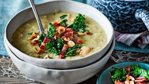 Leek & butter bean soup with crispy kale & bacon