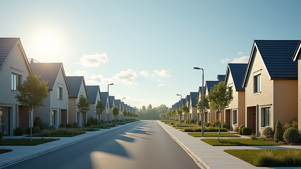 Eye-level view of a modern housing estate with solar panels on rooftops