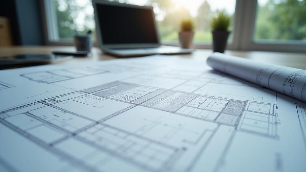 Eye-level view of modern architectural blueprint on a desk