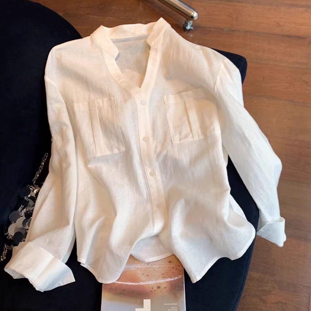 Camisa Feminina Manga Longa em Algodão e Linho – Modelagem Ampla (Loose Fit)
