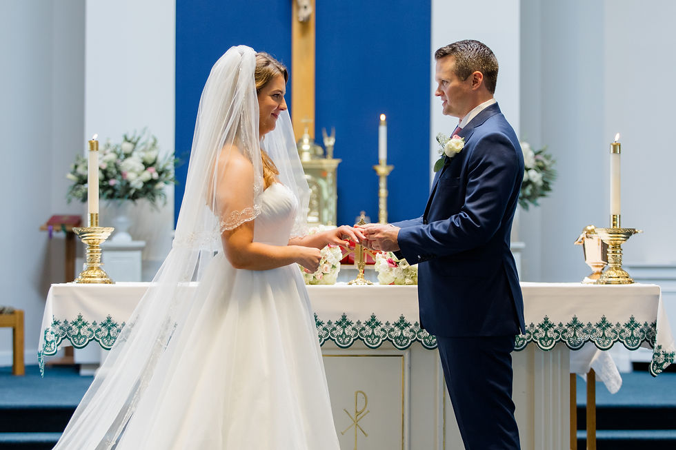 Bride and groom exchanging wedding rings