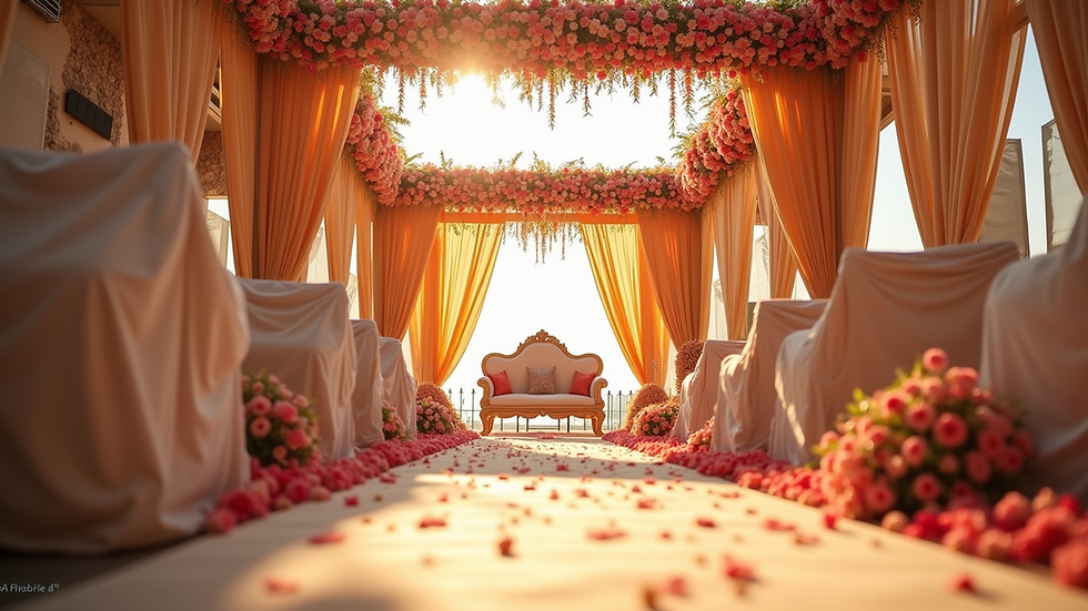 Eye-level view of a beautifully decorated Indian wedding venue with floral arrangements