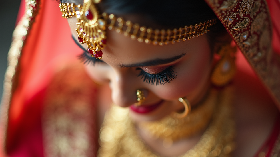 Close-up view of traditional Indian wedding jewelry and bridal attire