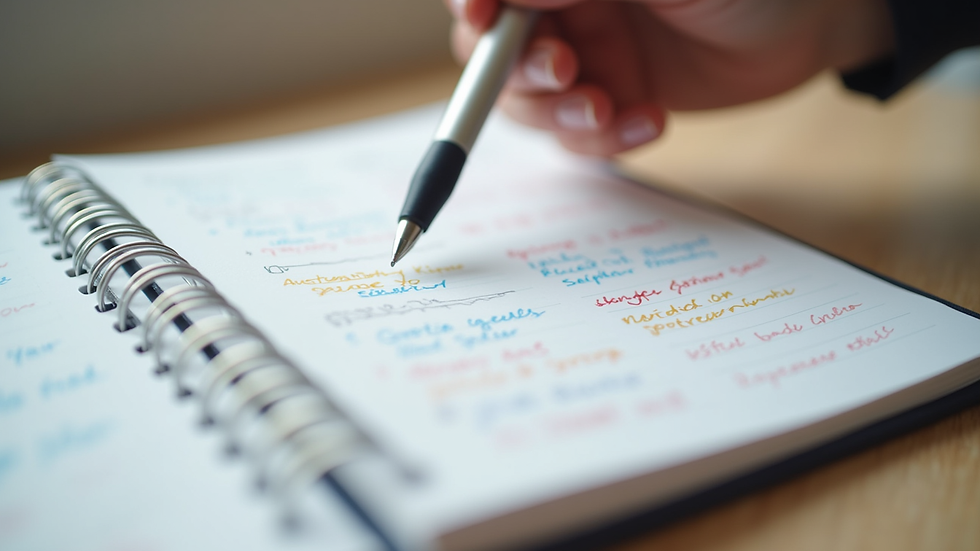 Close-up view of a wedding planner notebook with colorful notes and a pen