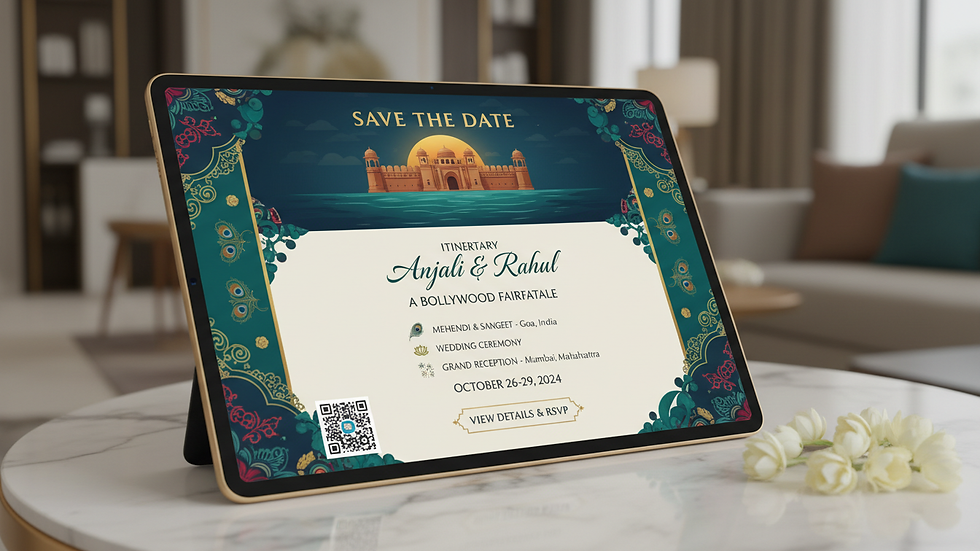 Close-up view of a digital wedding invitation with Bollywood-themed graphics
