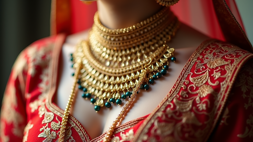 Close-up view of traditional Indian wedding jewelry and bridal accessories