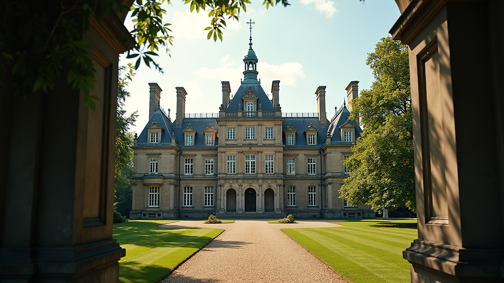 Eye-level view of a grand heritage mansion with intricate architecture