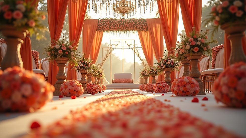 Eye-level view of a decorated Indian wedding venue with floral arrangements