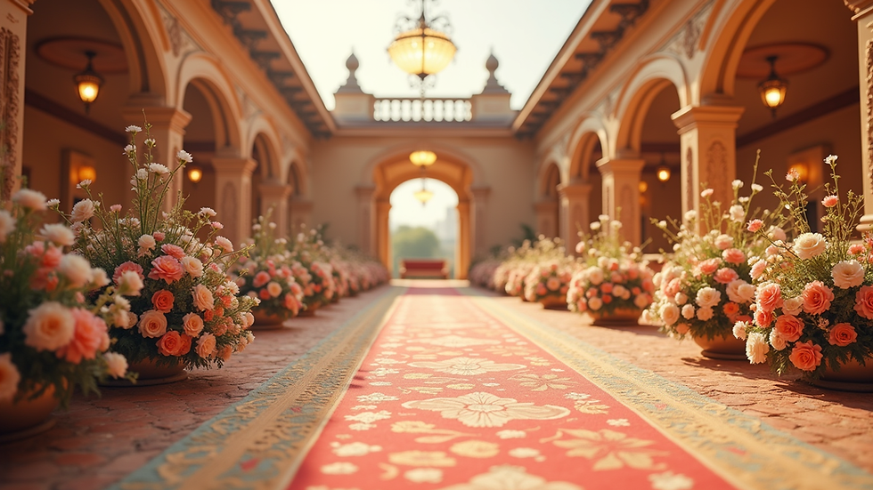 Eye-level view of a beautifully decorated Indian wedding venue with floral arrangements