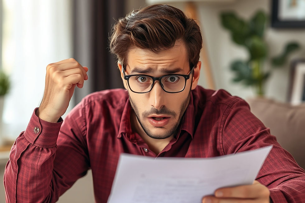 Homebuyer looking surprised or stressed while reviewing loan documents.