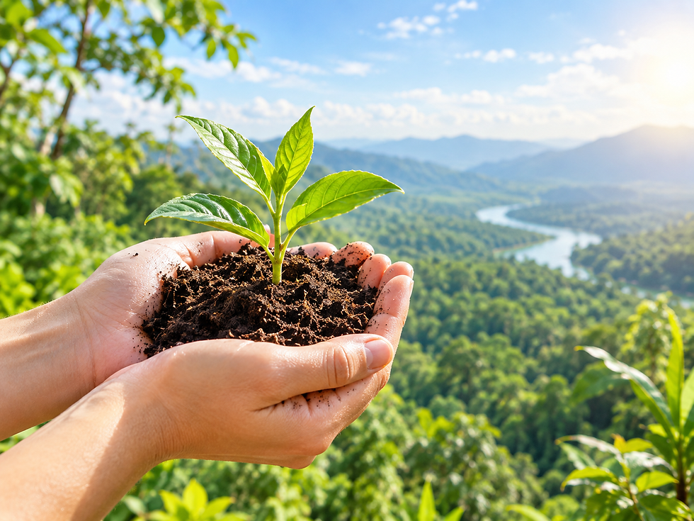 "Cupped hands holding rich soil with a small green plant growing, set against a sunlit forest and river background"