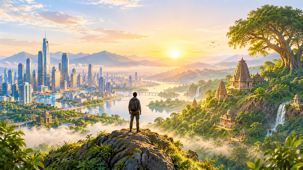 "A person standing on a ridge overlooking a modern city skyline on the left and an ancient temple complex in nature on the right"