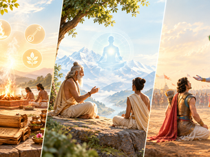 "Three-panel illustration depicting Vedic fire rituals, an Upanishadic sage teaching under a banyan tree, and Lord Krishna instructing Arjuna on the chariot in the Bhagavad Gita"