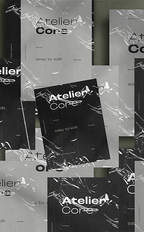 画像は、抽象的な黒と白のテクスチャ背景を持つAtelier Coreの文書カバーデザインの複数のバージョンを示しています。それぞれのカバーには、「Atelier Core」と大きく、モダンなフォントで記載されており、下部には「easy to edit