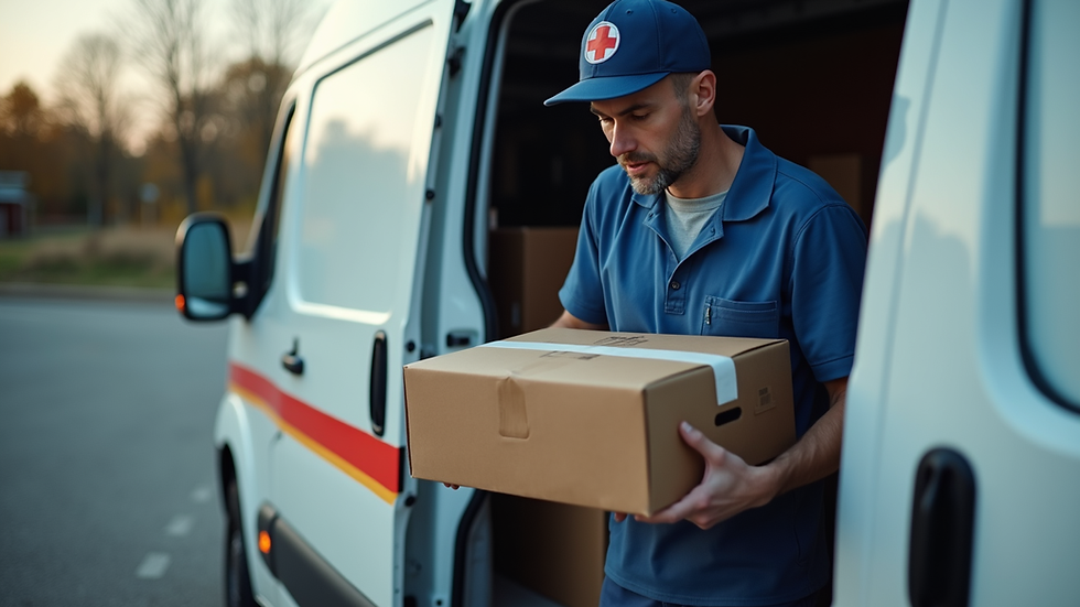 Eye-level view of a courier loading medical specimen packages into a delivery van