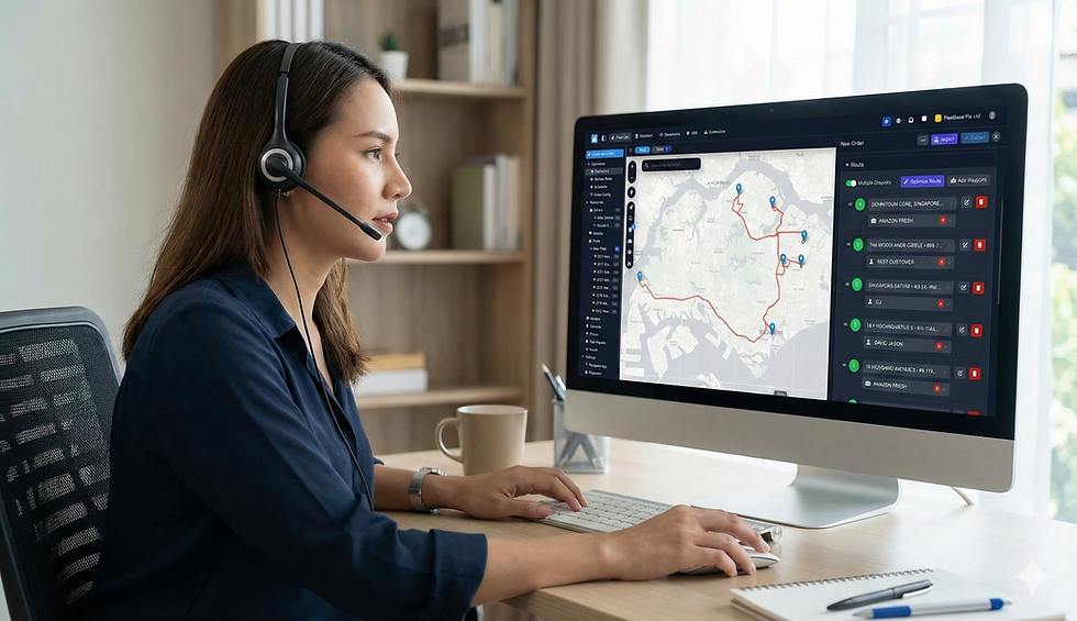 Woman wearing headset monitoring logistics routes on computer screen.