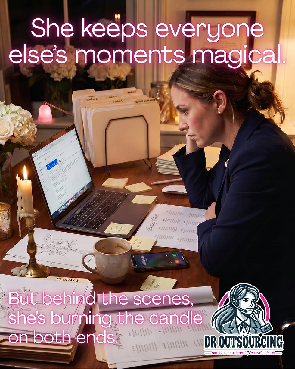 Female wedding business owner working late at an elegant desk with a growing candle flame, wedding paperwork, and a hidden pink candle snuffer symbolizing unused operational support.