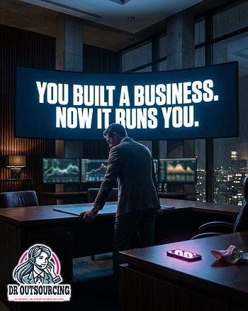 Man in a suit leaning on a dark office desk under a large screen reading "You built a business. Now it runs you."
