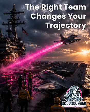 Cinematic aircraft carrier scene with fighter jets launching at sunset and a bright pink jet trail symbolizing momentum and operational support with text overlay “The Right Team Changes Your Trajectory.”