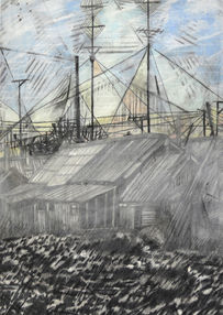 Franziska Peter: SHACKS, Mischtechnik, Papier auf Holz, 42 x 29,7 cm, 2020