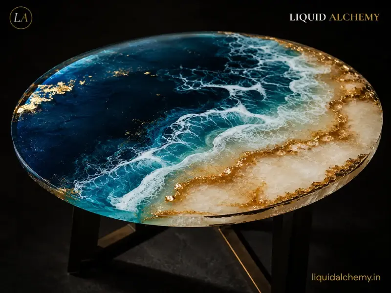 Finished Product Hero Shot
Large handcrafted ocean wave epoxy resin table top with deep blue layers and gold leaf accents, premium resin art product India