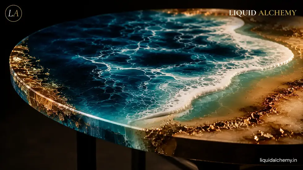 Large handcrafted ocean wave epoxy resin table top with deep translucent blue layers, white foam effect and gold leaf accents on dark background