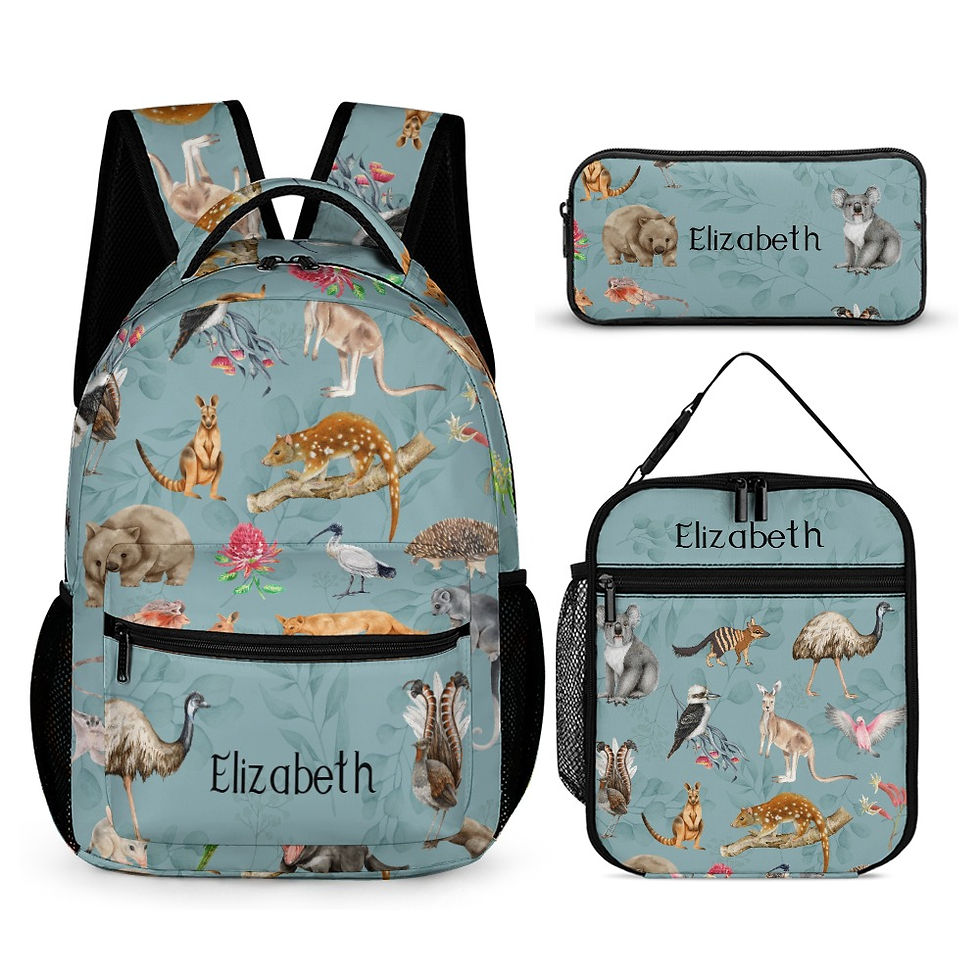Thumbnail: light blue personalised kids bag set Aussie wildlife design backpack lunch bag pencil case