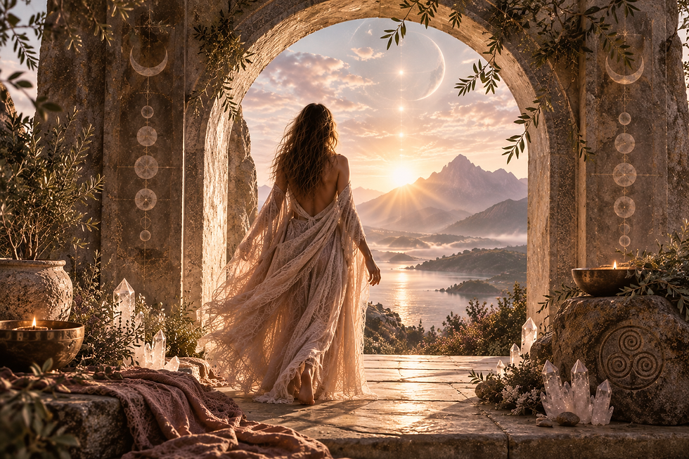 Woman in sheer flowing dress stands in a stone arch at sunrise, overlooking a lake and mountains with candles and crystals.