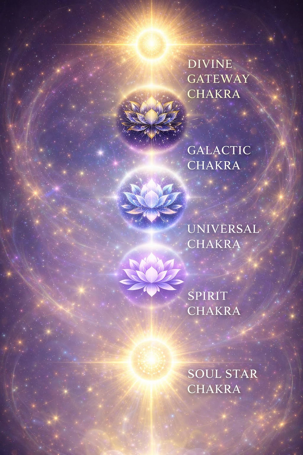 Cosmic chakra chart with glowing lotus symbols and labels: Divine Gateway, Galactic, Universal, Spirit, Soul Star Chakra.