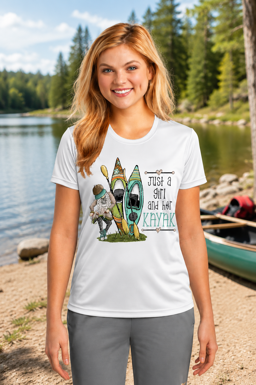 Women's Just a Girl and Her Kayak UPF 50 moisture-wicking performance T-shirt for kayaking and outdoor adventures.