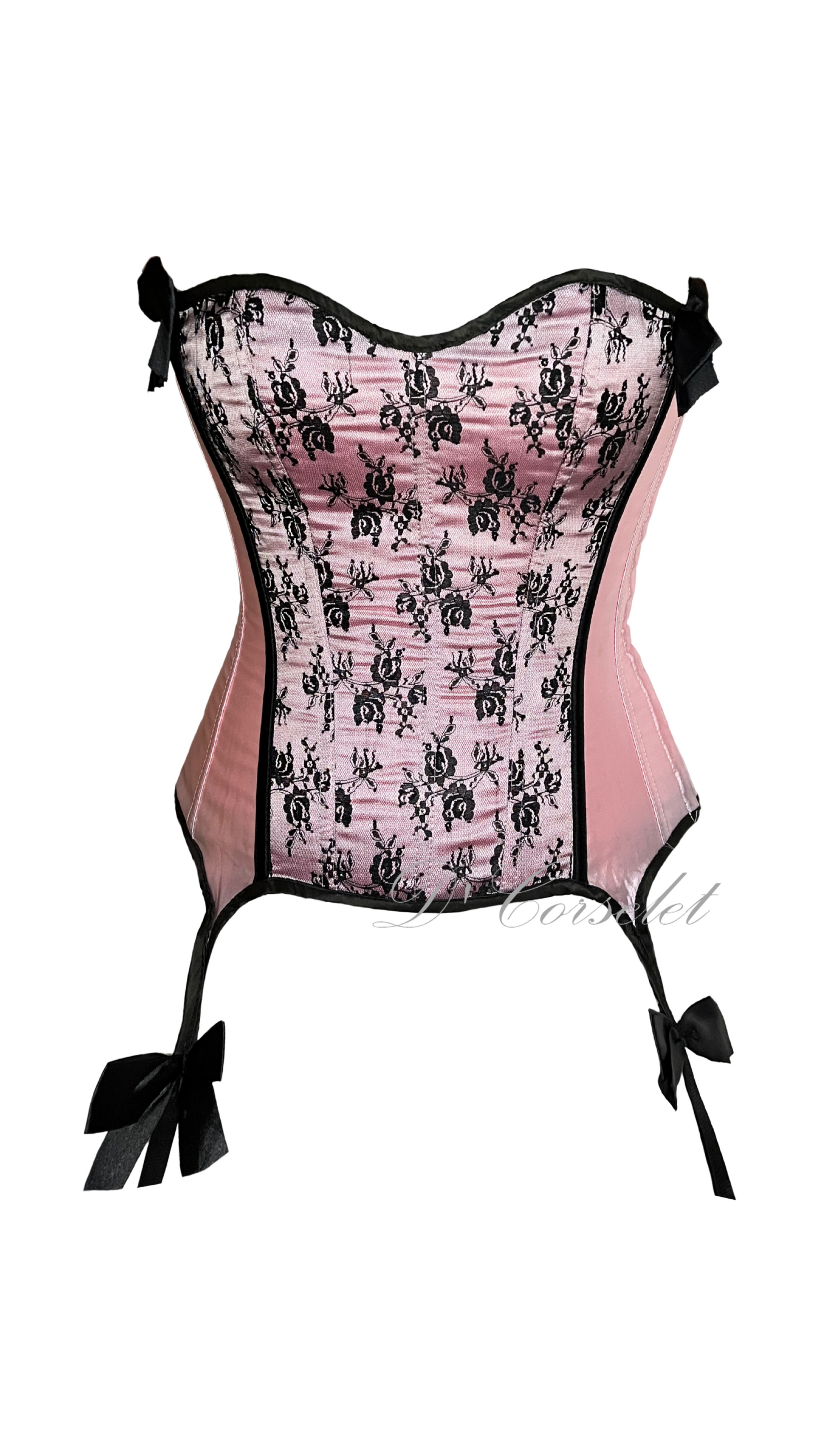 F1309 Black Rose lace Overlay Pink Corset with Garter