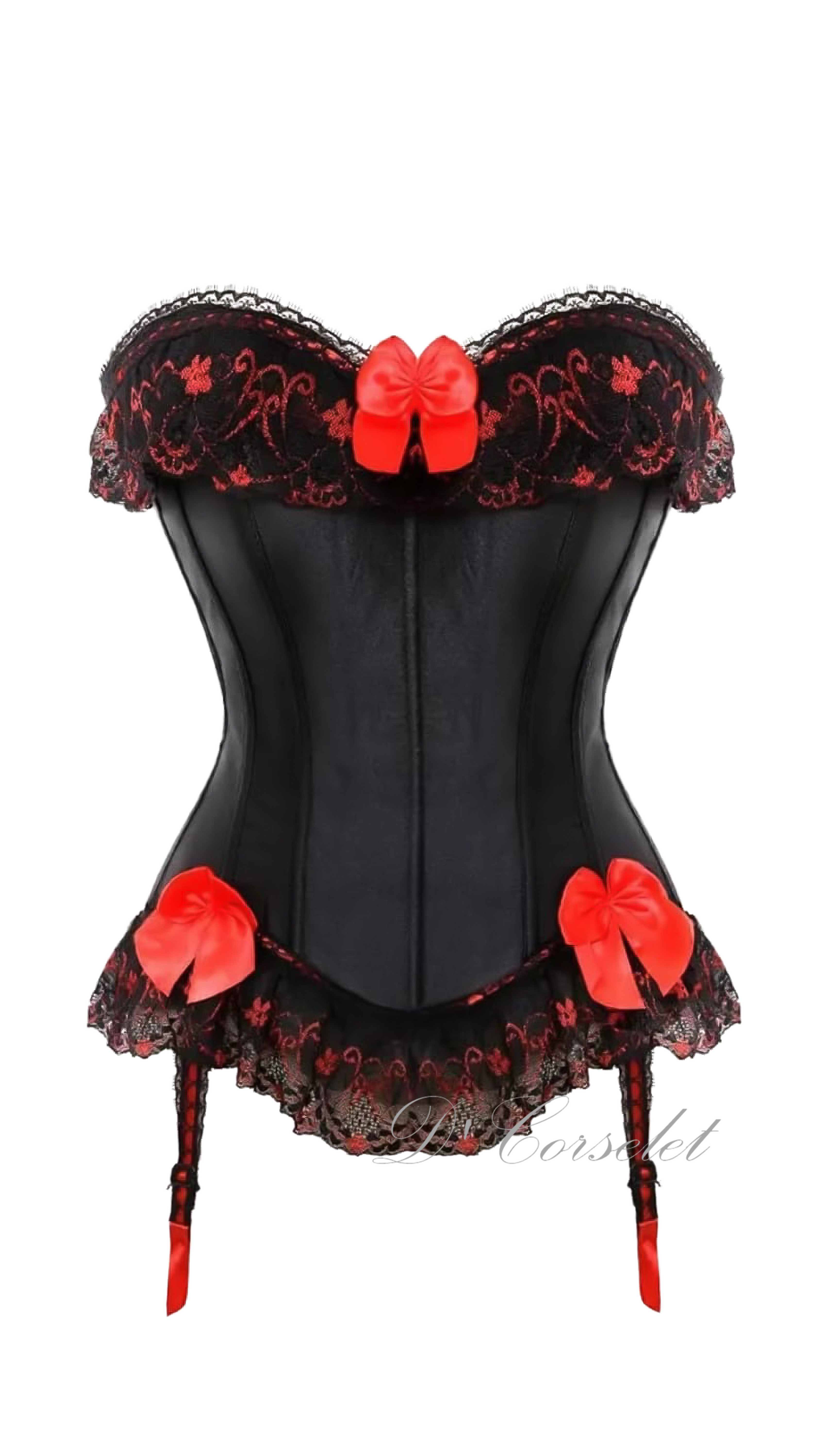 F1224 Red Ribbon Floral Lace Black Satin Corset