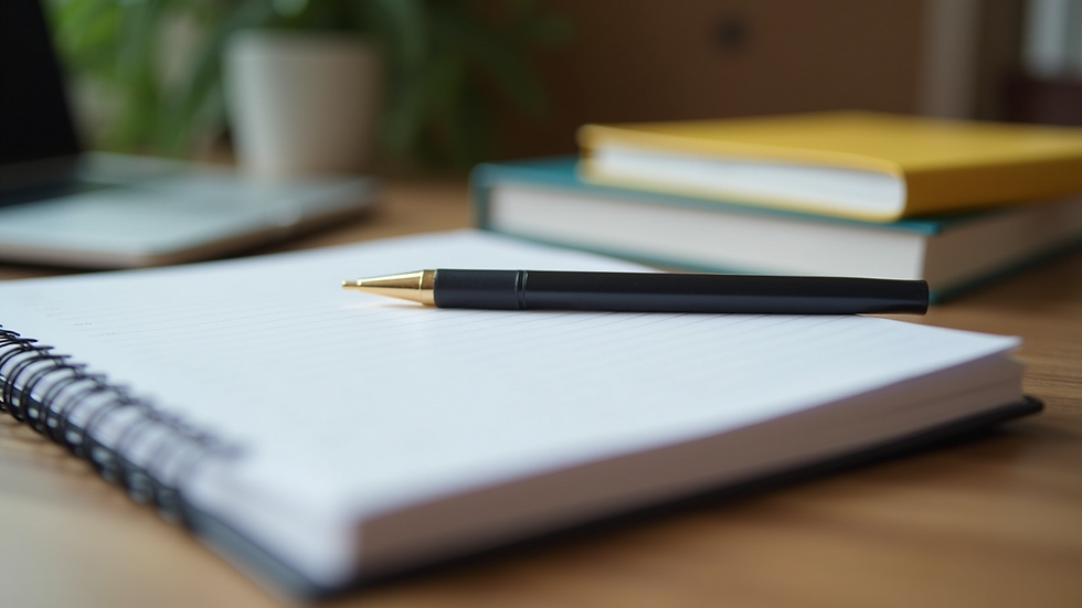 Close-up view of a stack of notes and an open notebook on a table