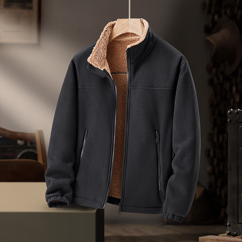 Thumbnail: Men Stand Collar Fleece Jacket Thickened Polar Fleece Casual Loose Fit Zip Up Ho