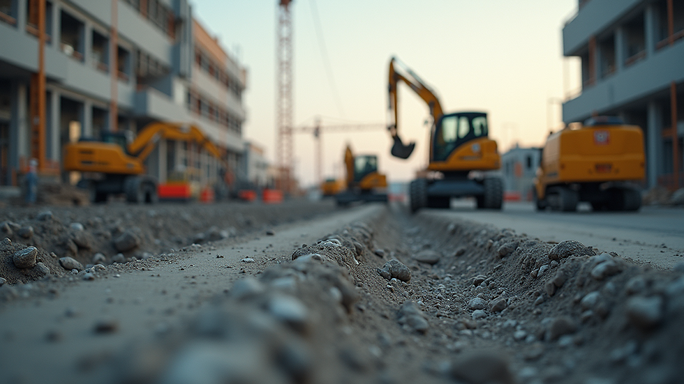 Eye-level view of a construction site with workers and machinery