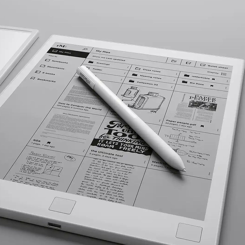 E-reader with a stylus on top, displaying a document list with sketches and notes. Monochrome screen, minimalistic design.