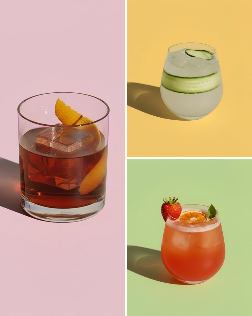 Three cocktails photographed on pink, yellow, and green backgrounds