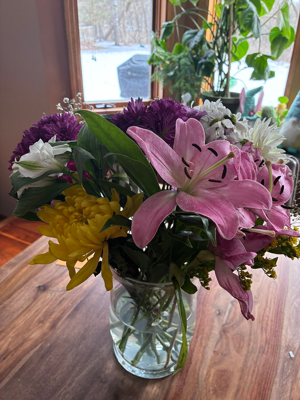 Flowers I bought myself because I was feeling "springy." Notice the snow still on the ground behind it!