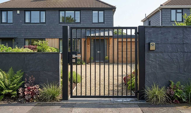 Minimalist matte black steel flat bar pedestrian path gate with a modern stainless steel handle in Whitchurch, Cardiff.
